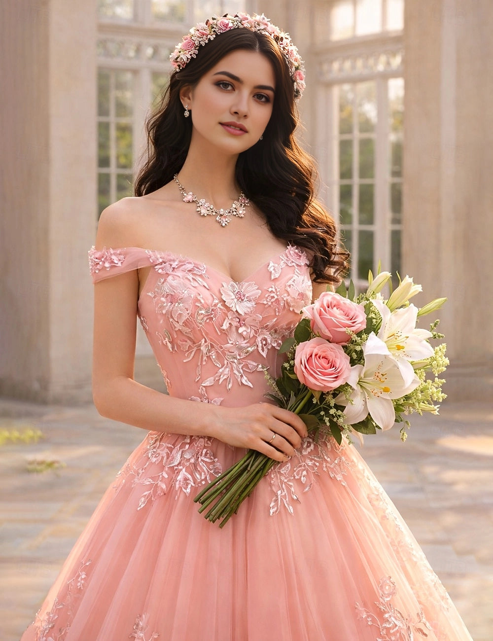 Vedress dusty pink off shoulder floral embroidery ballgown prom dress front view european castle courtyard